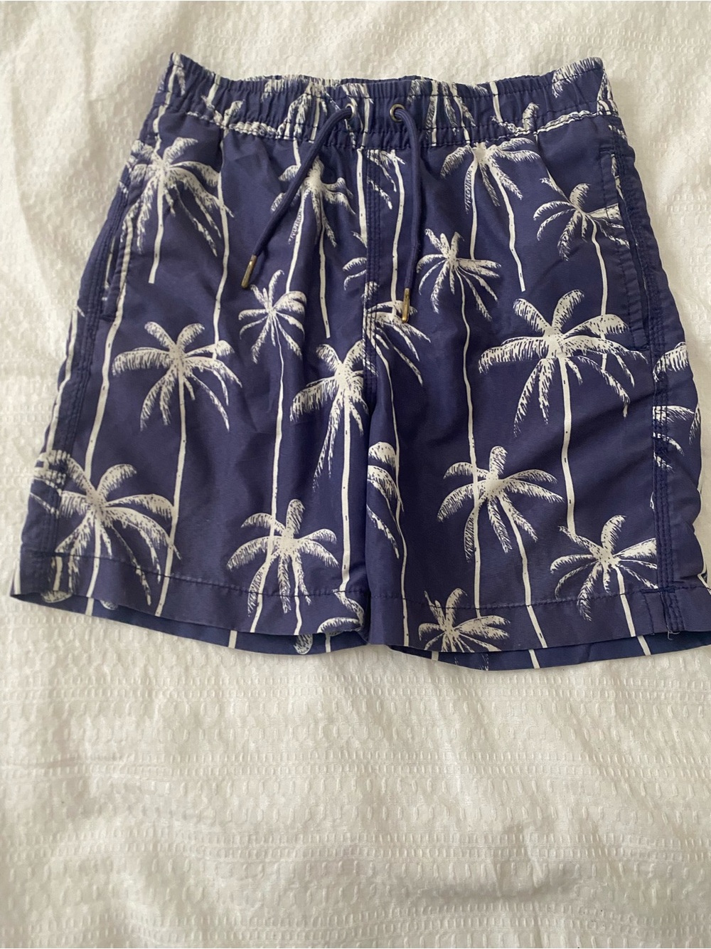 Boys Navy Palm-Print Swim Trunks with Drawstring Waist